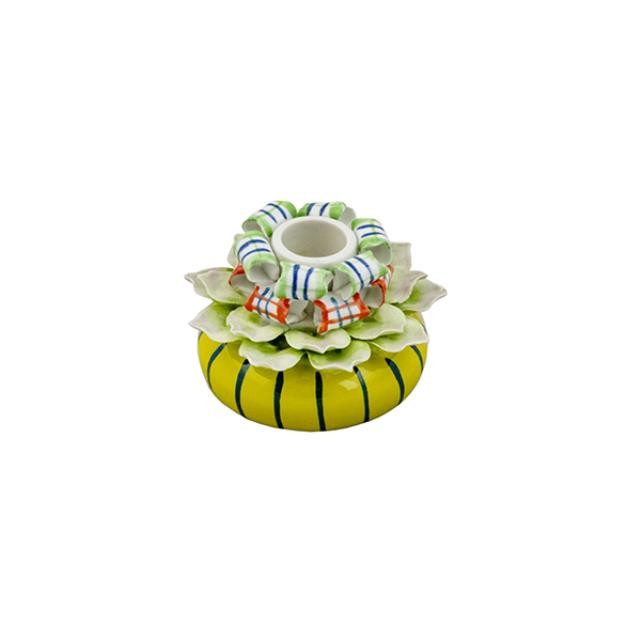 CANDLE HOLDER-Yellow W/Green Stripes & Flower Petals