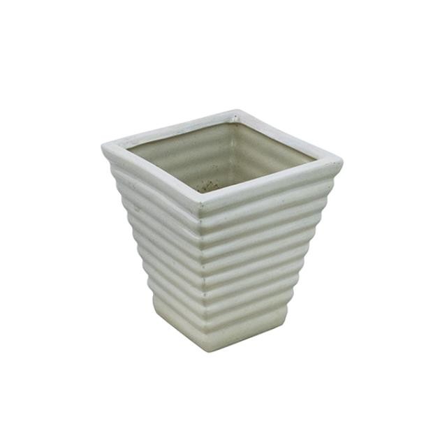 PLANTER-Off White Square W/Horizontal Ribs Top to Bottom