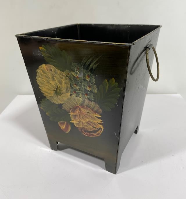 METAL PLANTER-Square Black W/Handles & Hand Painted Florals