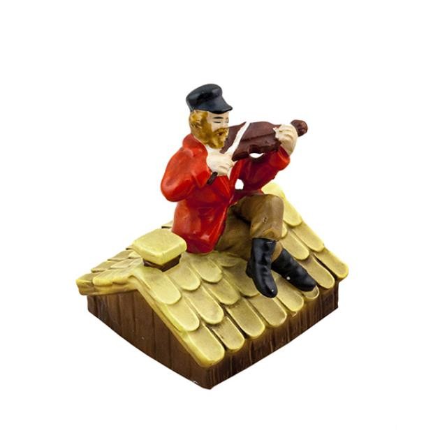 MUSIC BOX-Fiddler in Red Jacket & Black Cap On Yellow Shingled Roof