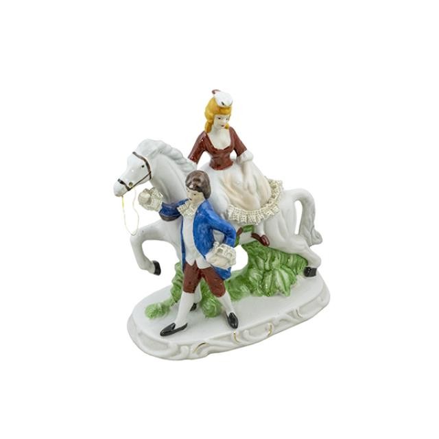 FIGURINE-Woman on White Horse W/Gentleman in Blue Jacket Holding Reins