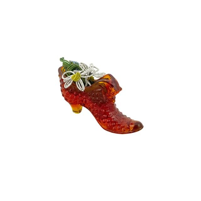 FIGURINE-Amber Bubble Glass-Boot W/Seabead Flowers