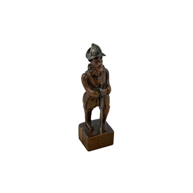 FIGURE-Wood Carved Conquistador W/Brass Hat & Sword