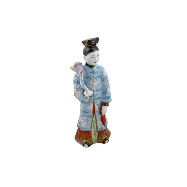 FIGURINE-Asian Woman in Blue Coat/Black Bun/Holding Lotus Flower