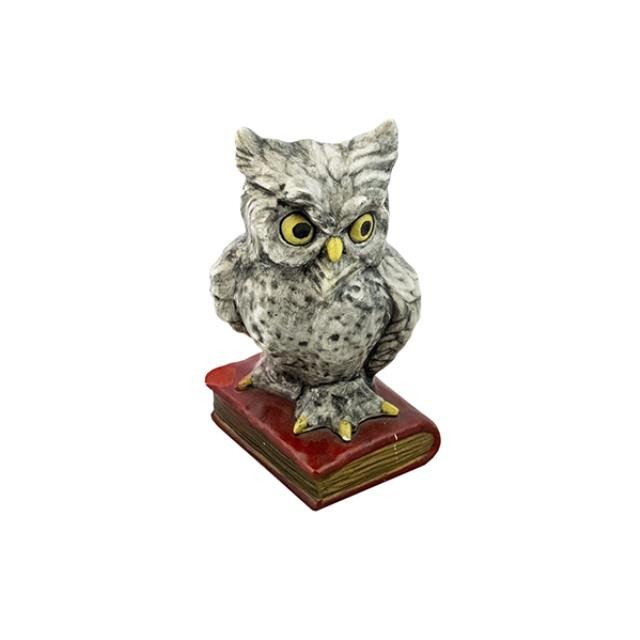 FIGURINE-Grey Speckled Owl Standng on Red Book