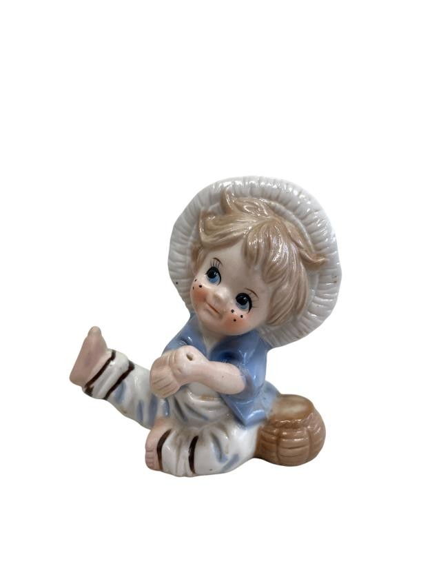 FIGURINE-Porcelain Boy Dressed in Blue W/White Wicker Hat