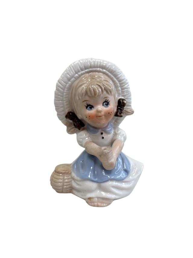 FIGURINE-Porcelain Girl Dressed in Blue W/White Wicker Hat