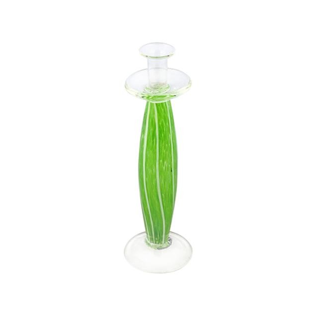 VASE-Tall Green Glass W/White Vertical Stripes