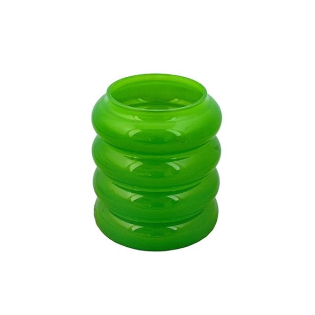 VASE-Fat Round Green Glass W/Thick Vertical Ribs