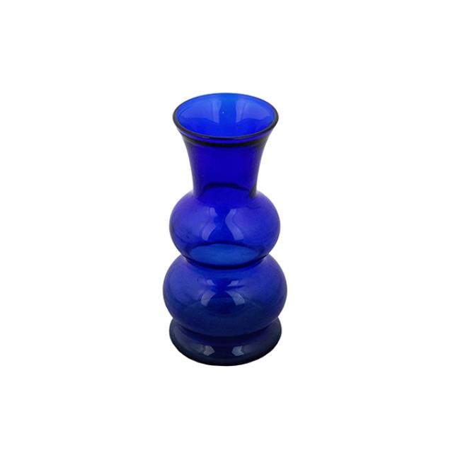 VASE-Navy Blue Glass/Double Circle Stacked Body W/Fluted Rim