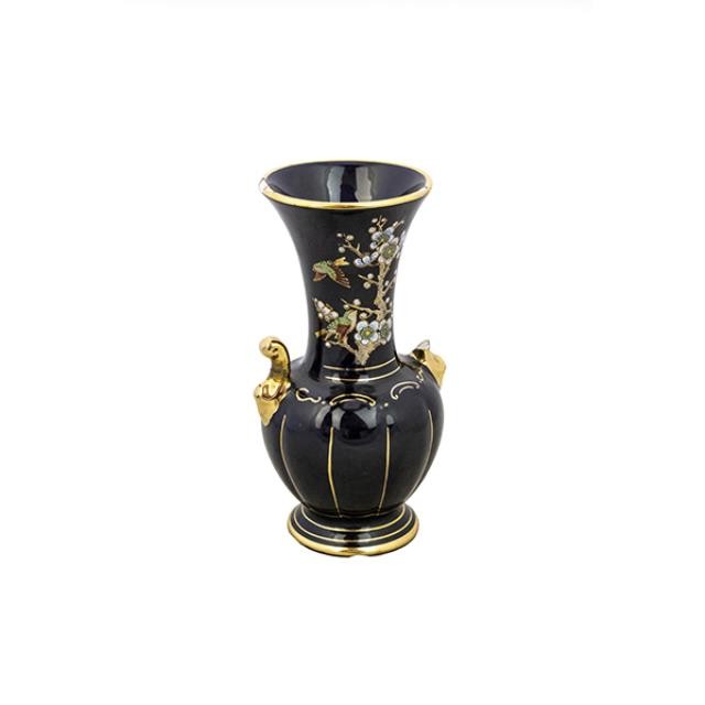 VASE-Black Urn Shaped Glass W/Japanese Flowers & Gold Accents