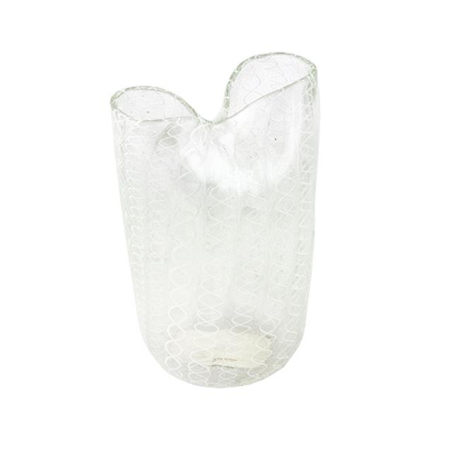 VASE-Clear Glass W/White Squiggles & Pinch @ Top