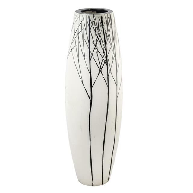 VASE-Tall White Vase W/Black Branch Design