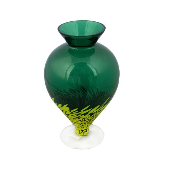 VASE-Dark Green Art Glass W/Abstract Yellow Circles (@bottom)