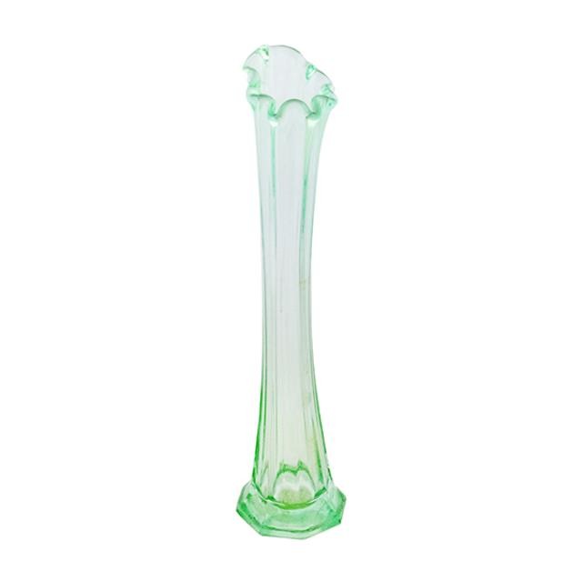 VASE-Clear Green Glass/Narrow W/Ruffle Edged Top