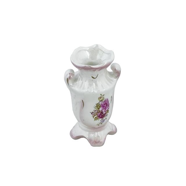 VASE-Glazed White Urn Shape W/Roses & Pink Accents