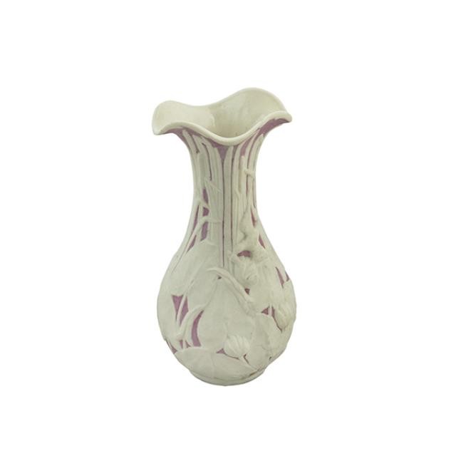 VASE-Pink W/Raised White Flowers /Ruffled Neck