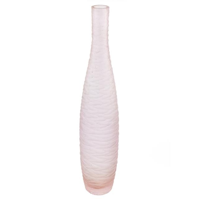 VASE-Tall Narrow Pink Frosted Glass W/Waves