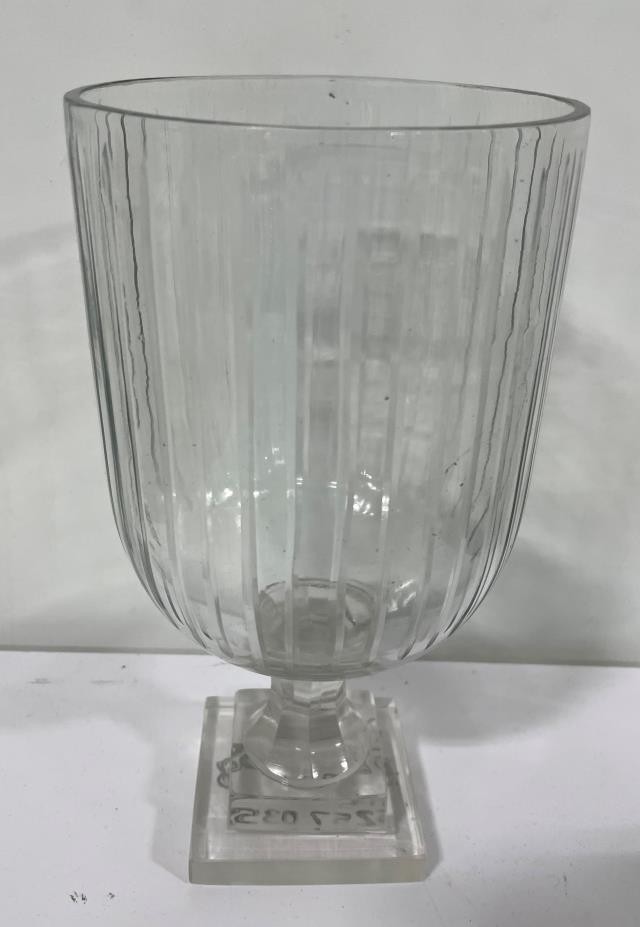 VASE-Clear Cut Ribbed Glass W/Pedestal Base