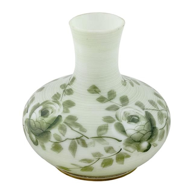 VASE-White Glass W/Green Roses & Vines