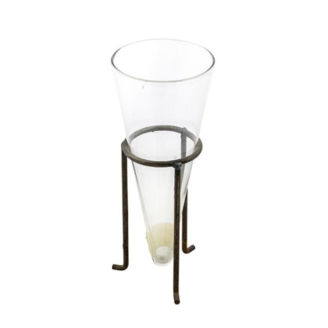 VASE- Cone Shaped Clear Glass W/3 Legged Metal Stand