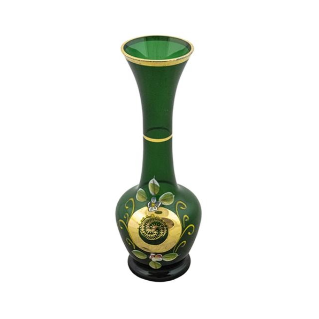 VASE-Green Glass W/Hand Painted Gold Accents & Flowers