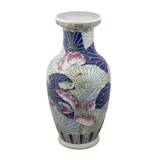 VASE-Oriental Navy Background W/Pink Lily Pad Flowers