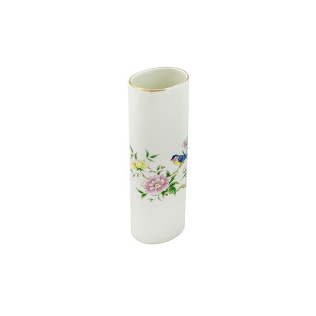 VASE-CER 7"WH W/FLORAL & BLUE BIRD