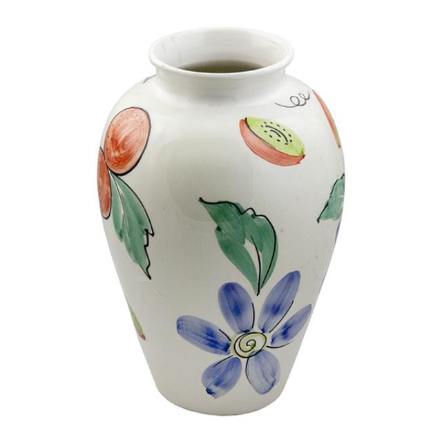 VASE-White W/Blue Flowers, Red Berries & Fruit