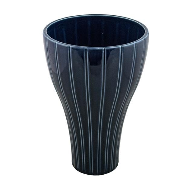 VASE-Trumpet Shape/Navy Glazed W/Vertical Ridges