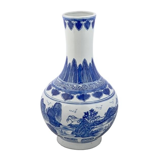 VASE-Tall Oriental Blue & White W/Water Scene