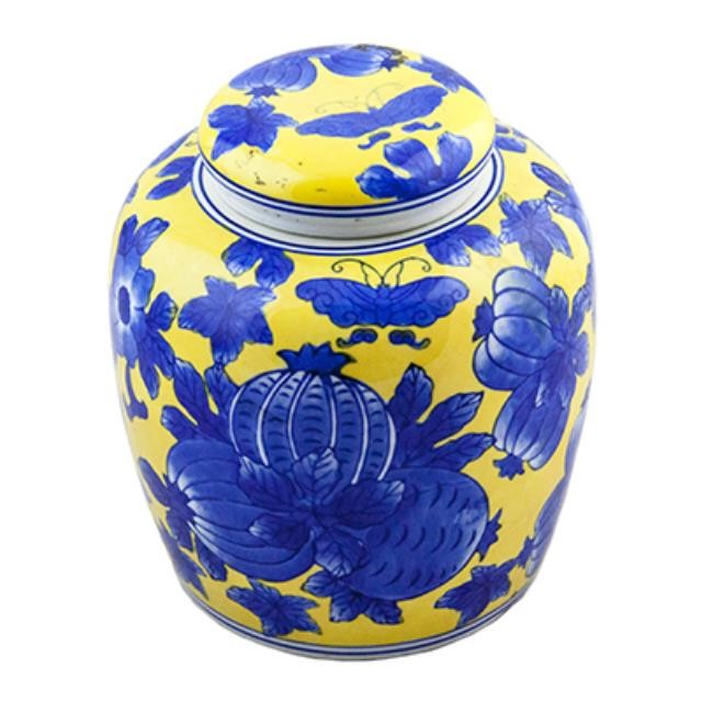 GINGER JAR-W/Lid Yellow Background W/Blue Flowers