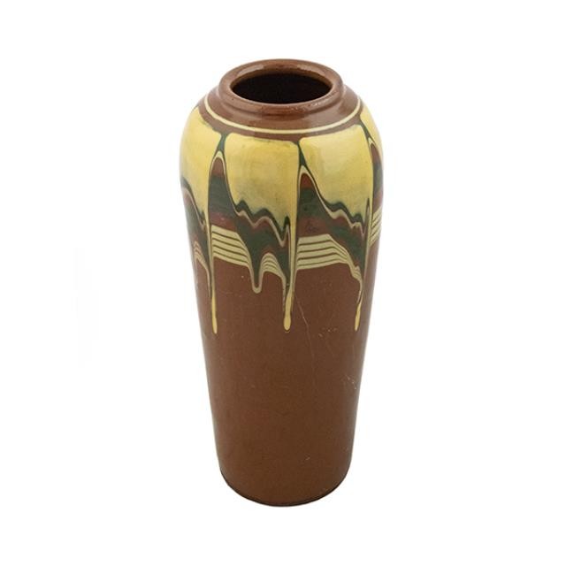 VASE-Tall Brown "Balkan Like" W/Multi Color Glaze Drip