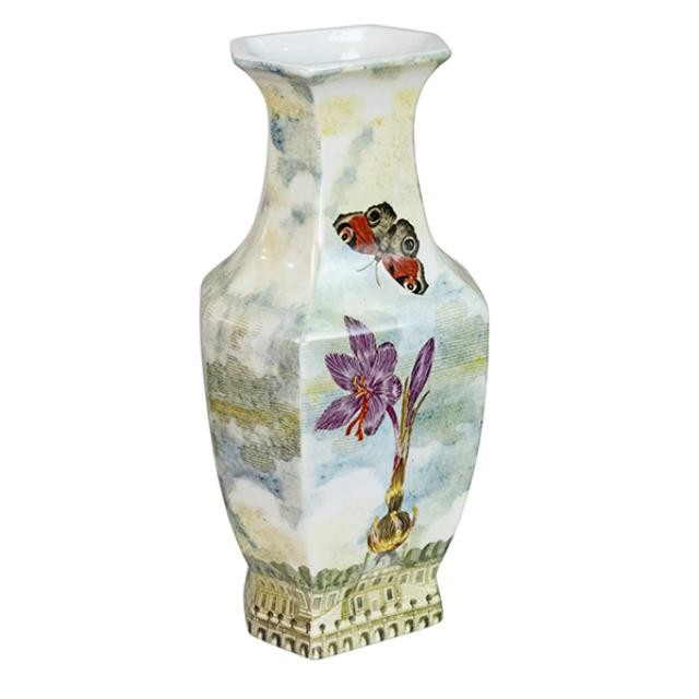 VASE-Tall Ceramic Vase W/Large Flower & Butterfly