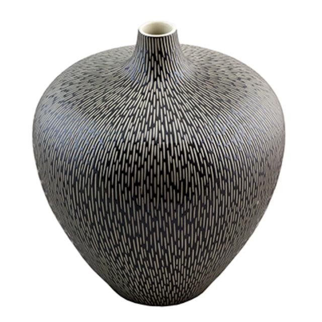 VASE-Black Ceramic W/Verticle White Lines-