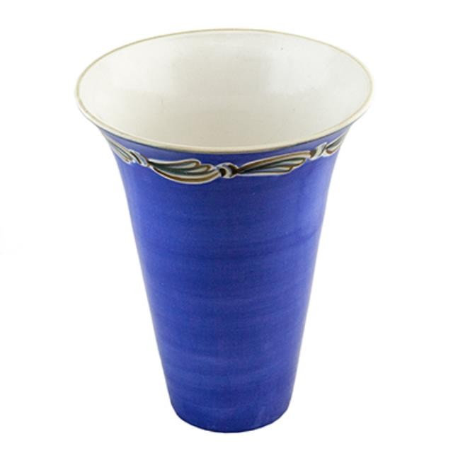 VASE-CERAMIC-11"BLUE W/Muti Colored Ribbon Painted Edge