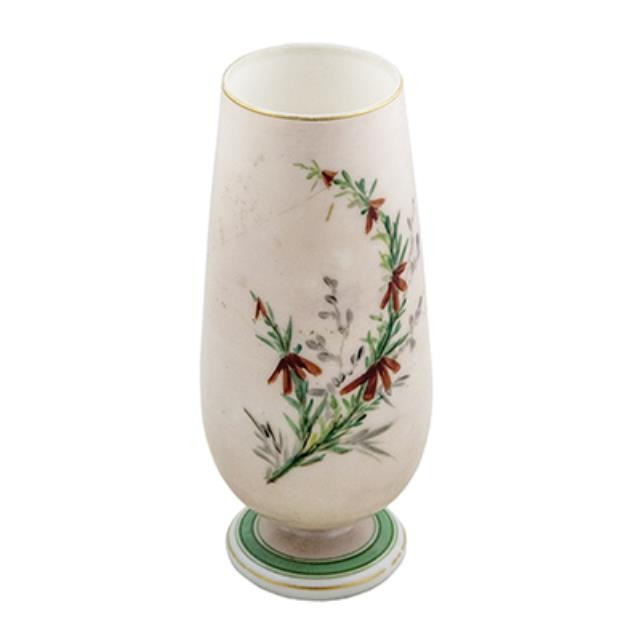 VASE-White W/Pedestal Base Green & Red Painted Floral