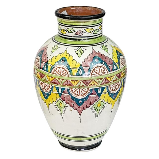 VASE-Large Terracotta W/Colorful Glazed Design