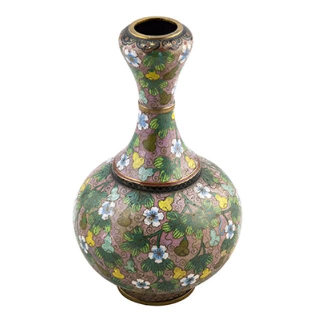 VASE-BRASS W/CLOISONNE FLORALS