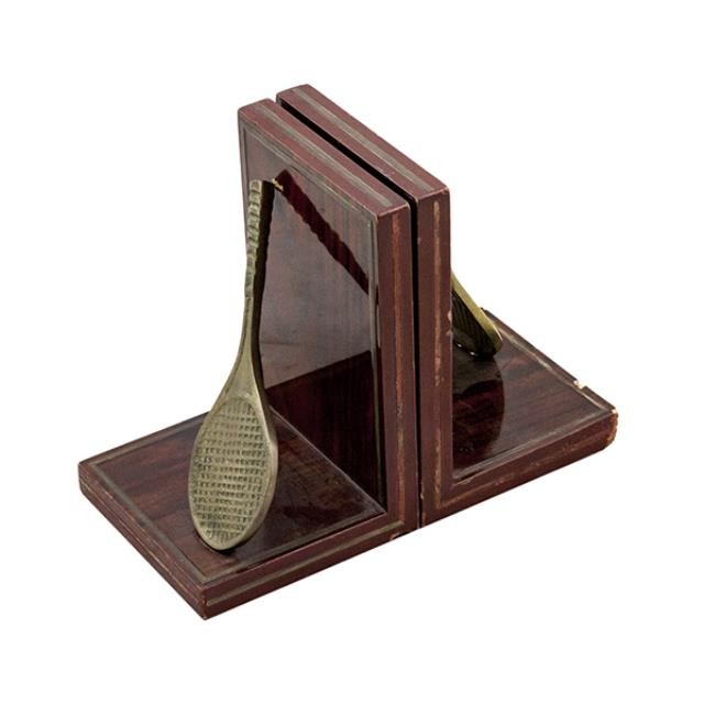 BOOKEND-Wood W/Brass Tennis Raquets (Pair)