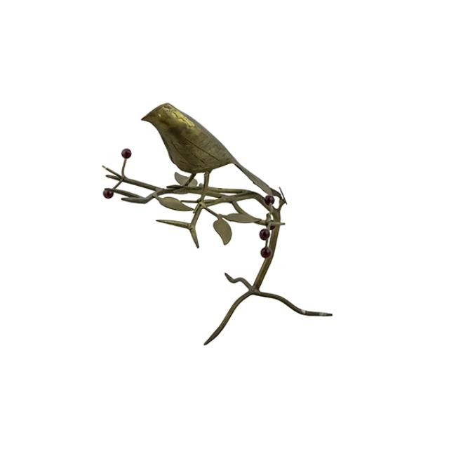 STATUE-Brass Bird on Branch W/Leaves & Berries