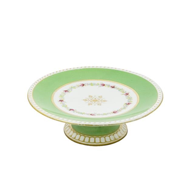 CAKE STAND-Green & White Bone China W/Gold Accents