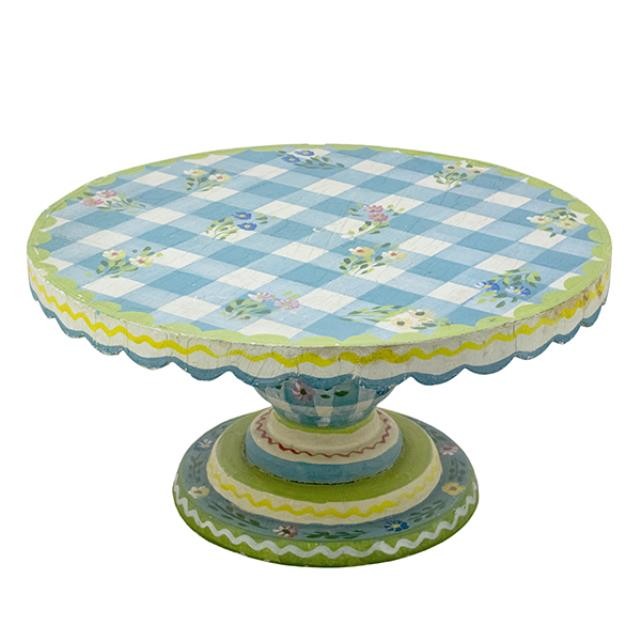 CAKE STAND-Blue Gingham W/Yellow Border & Yellow Flowers