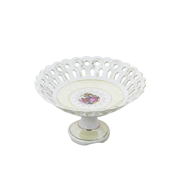 CAKE STAND-White & Yellow W/Lattice Work Edge & Gold Accents