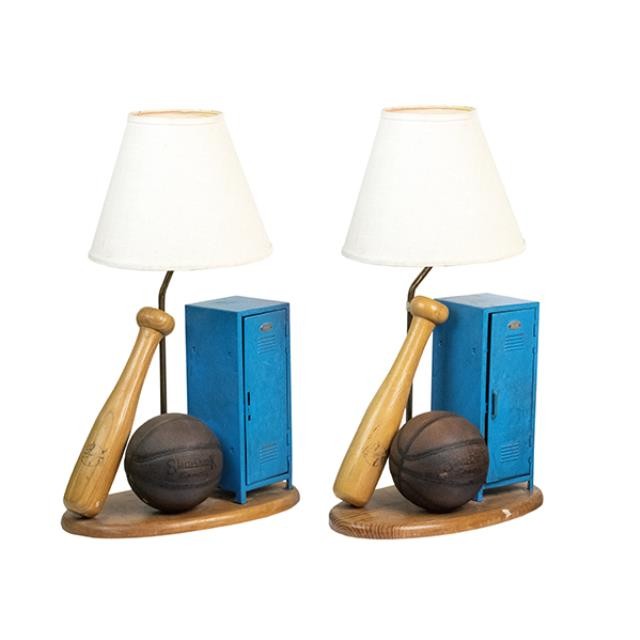 CHILDREN'S LAMP-SPORTS-Blue Locker W/Basketball & Baseball Bat