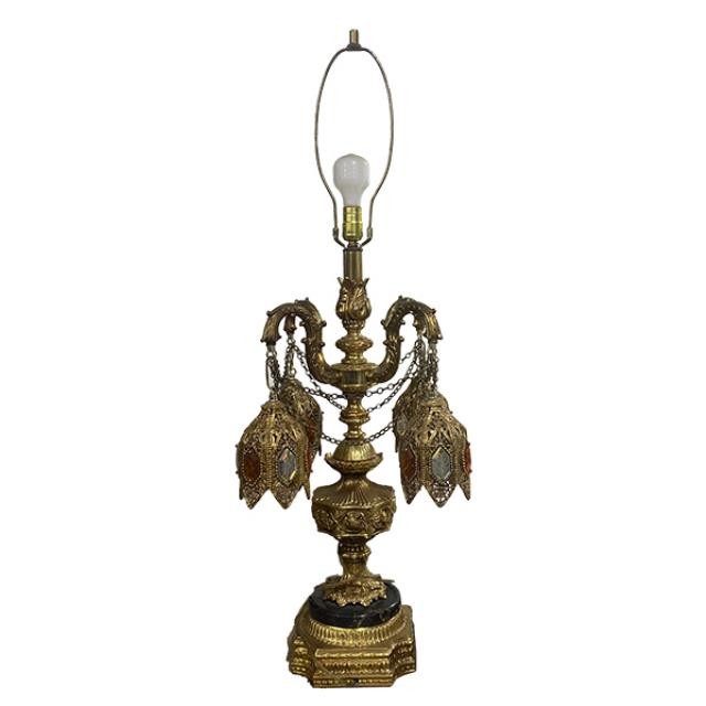 TABLE LAMP-Brass Moroccan Colorful Crystals on Hanging Shades