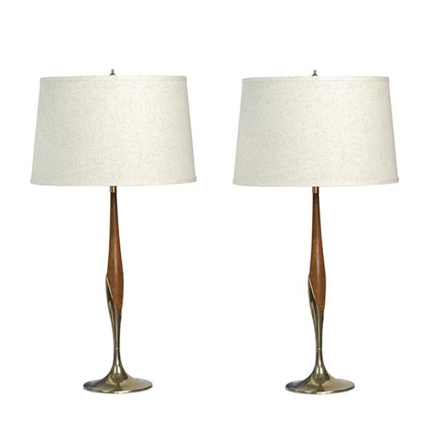 TABLE LAMP-Mid Century Modern Teak & Brass