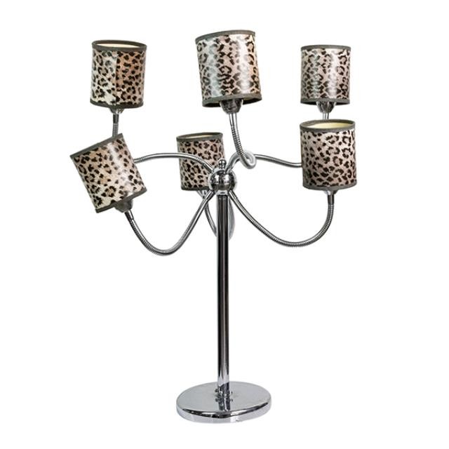 TABLE LAMP-Chrome (6)Arm Frame W/Leopard Shades