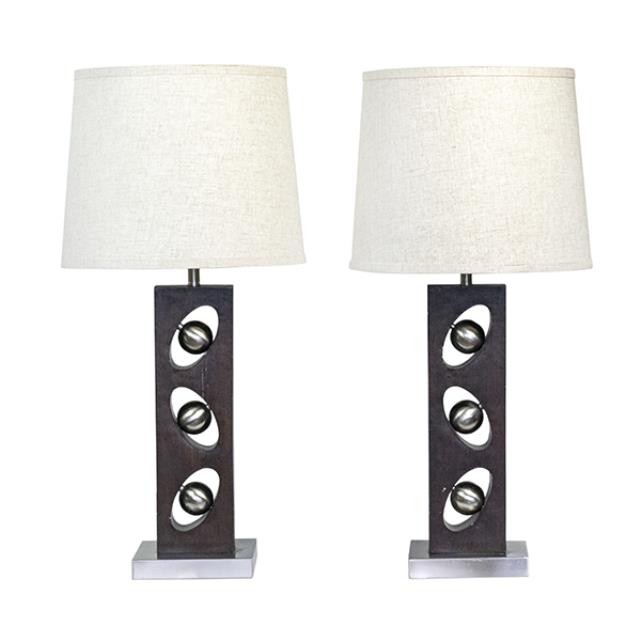 TABLE LAMP-Wood Rectangle W/(3) Chrome Balls