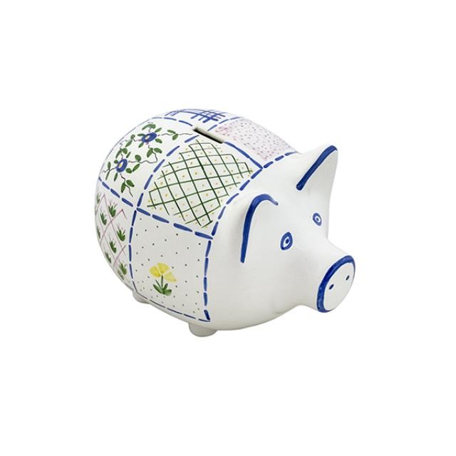 BANK-Patchwork Blue & White Pig W/Yellow Flowers